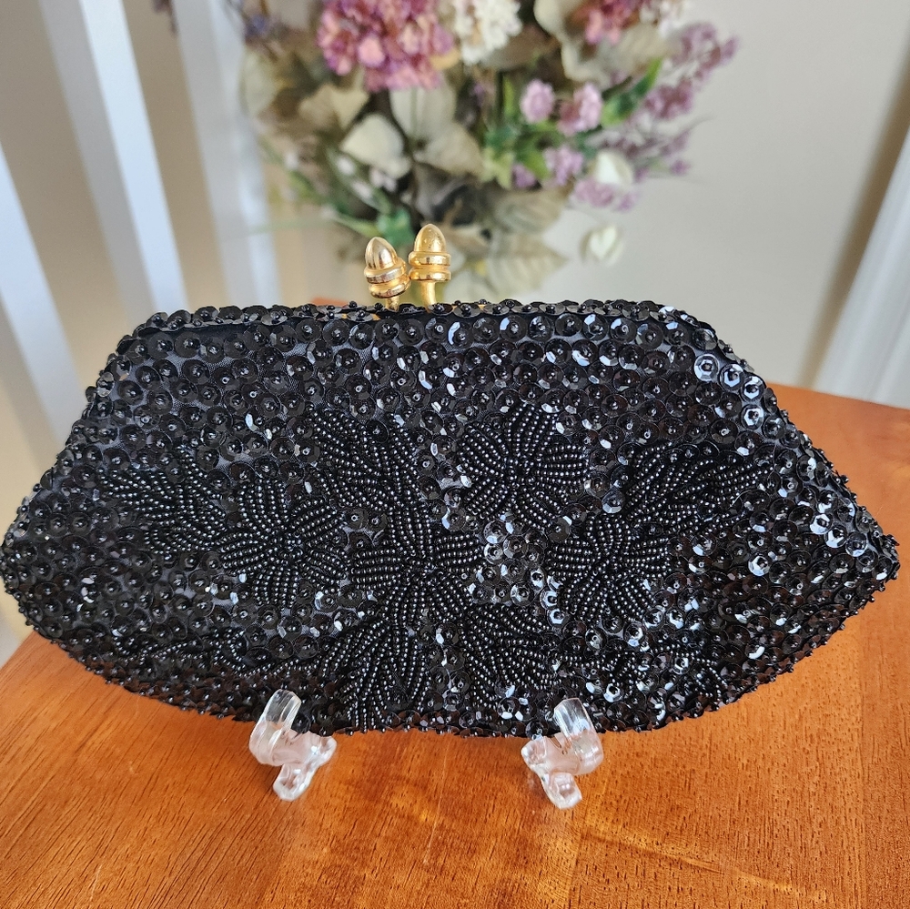 Vintage Black Beaded Clutch with Floral Design Handmade, Hong Kong, With Mirror